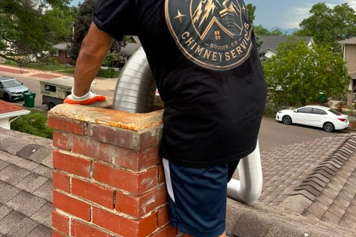 A technician feeding a new stainless liner into an older Boulder brick chimney with a weathered crown